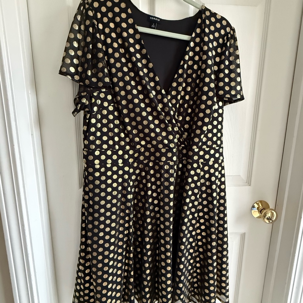 torrid Black Wrap Dress with Gold Polka Dots - Picture 2 of 5